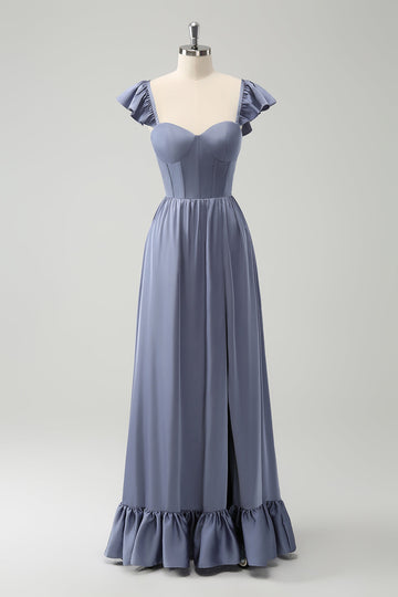 Grey Blue A Line Backless korsett Chiffon brudepike kjole